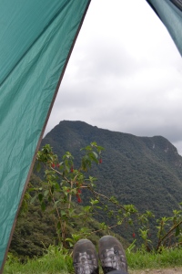 Out of the tent, looking right at Machu Picchu mountain.